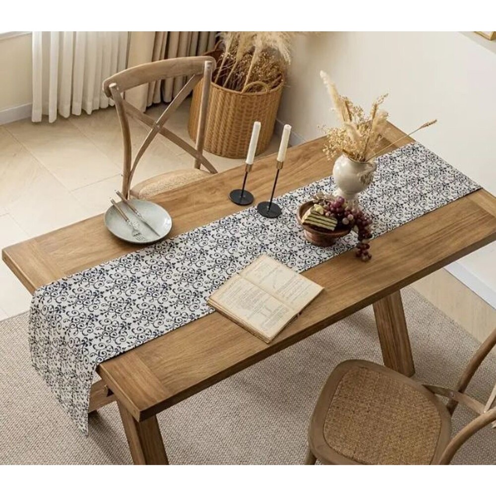 Table Runner 13x108in Beige with Navy Blue design Boho Chic Polyester - Picture 2 of 3